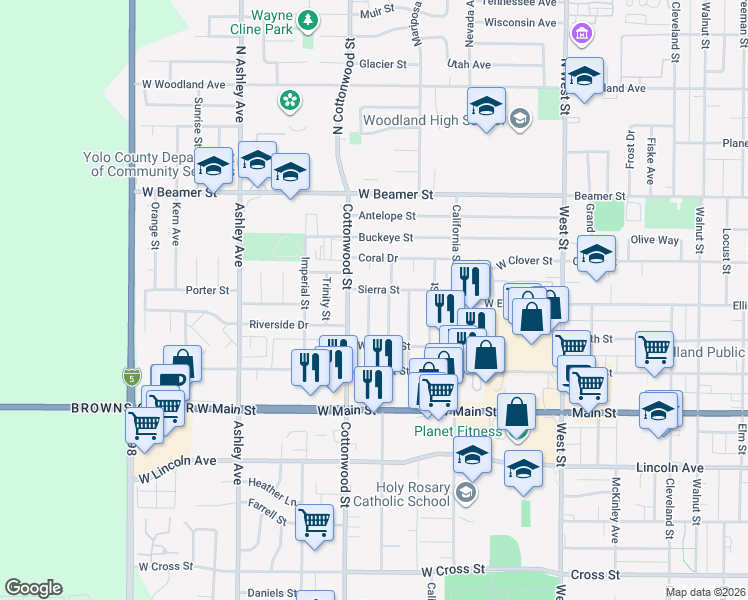 map of restaurants, bars, coffee shops, grocery stores, and more near 15 Verde Place in Woodland