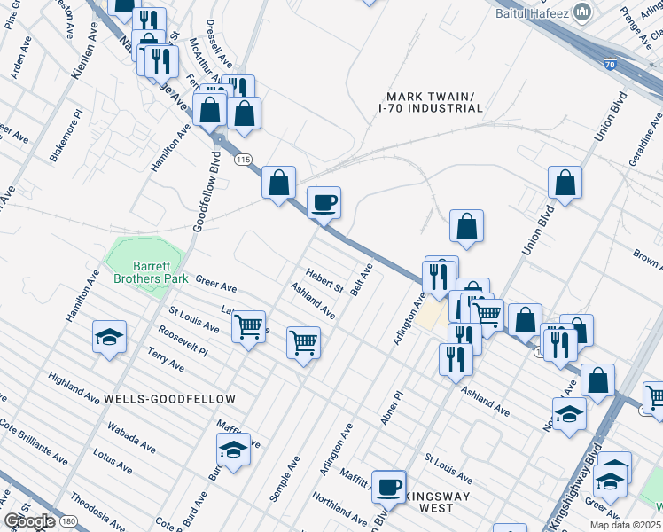 map of restaurants, bars, coffee shops, grocery stores, and more near 5540 Natural Bridge Avenue in St. Louis