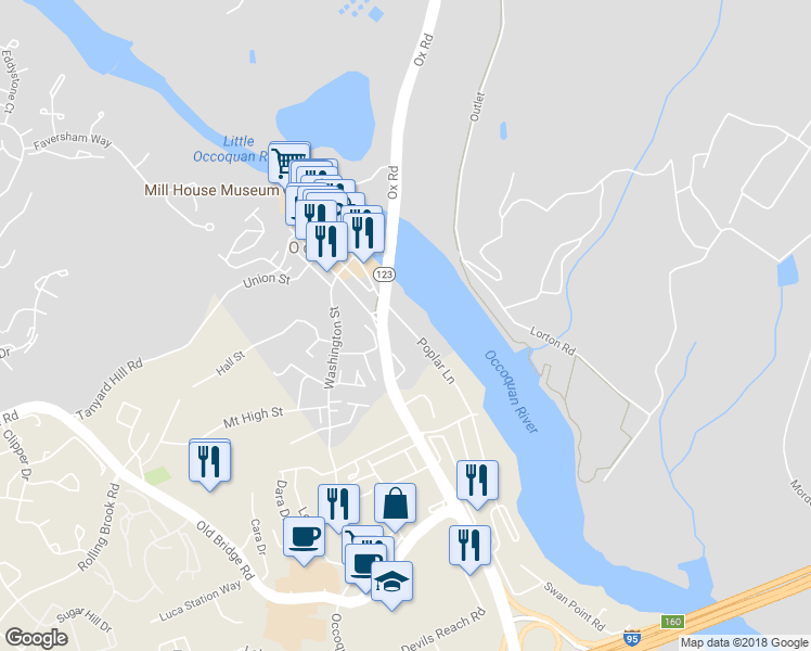 map of restaurants, bars, coffee shops, grocery stores, and more near 113 Poplar Lane in Woodbridge