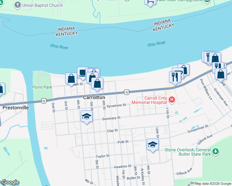 map of restaurants, bars, coffee shops, grocery stores, and more near 199 7th Street in Carrollton