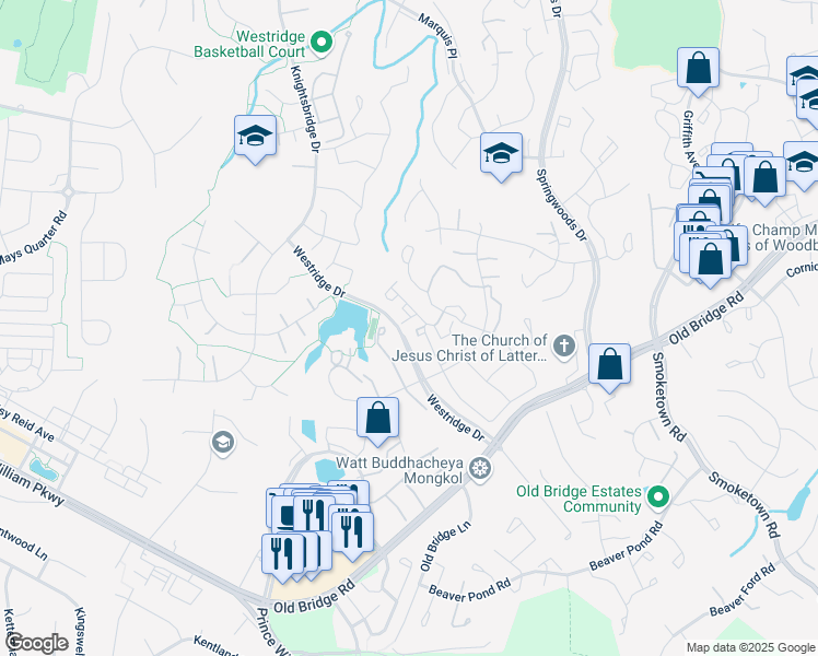 map of restaurants, bars, coffee shops, grocery stores, and more near 4167 Churchman Way in Woodbridge