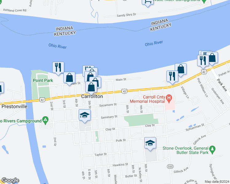 map of restaurants, bars, coffee shops, grocery stores, and more near 701 Highland Avenue in Carrollton
