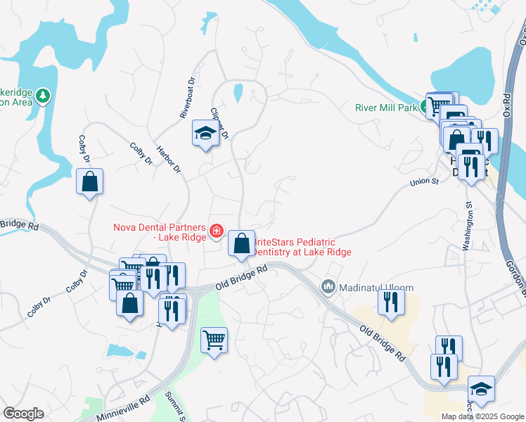 map of restaurants, bars, coffee shops, grocery stores, and more near 2048 Mayflower Drive in Woodbridge