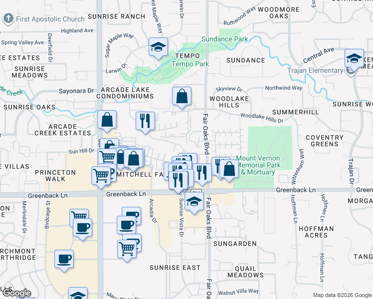map of restaurants, bars, coffee shops, grocery stores, and more near 12625 Fair Oaks Boulevard in Citrus Heights