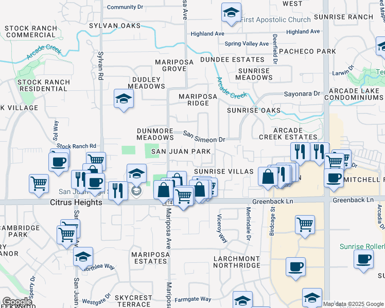 map of restaurants, bars, coffee shops, grocery stores, and more near 6302 San Benito Way in Citrus Heights