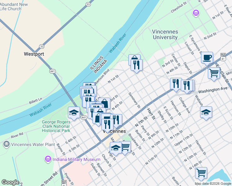 map of restaurants, bars, coffee shops, grocery stores, and more near 415 North 2nd Street in Vincennes