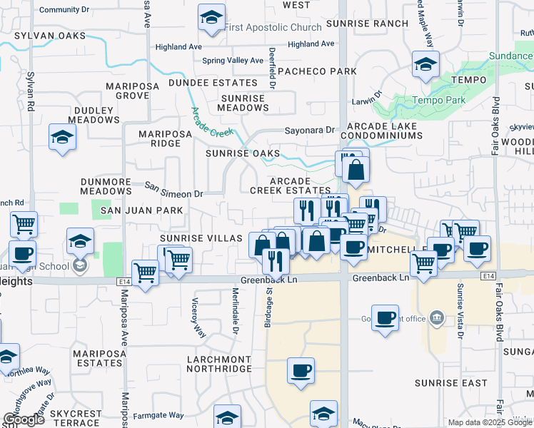 map of restaurants, bars, coffee shops, grocery stores, and more near 6371 Nightingale Court in Citrus Heights