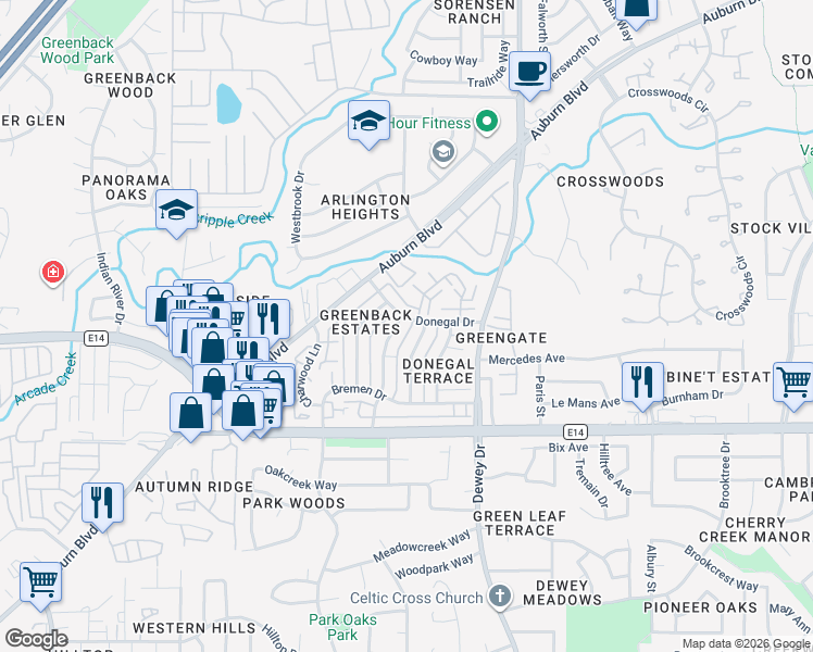 map of restaurants, bars, coffee shops, grocery stores, and more near 6310 Wexford Circle in Citrus Heights