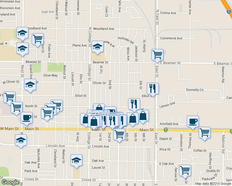 map of restaurants, bars, coffee shops, grocery stores, and more near 119 2nd Street in Woodland