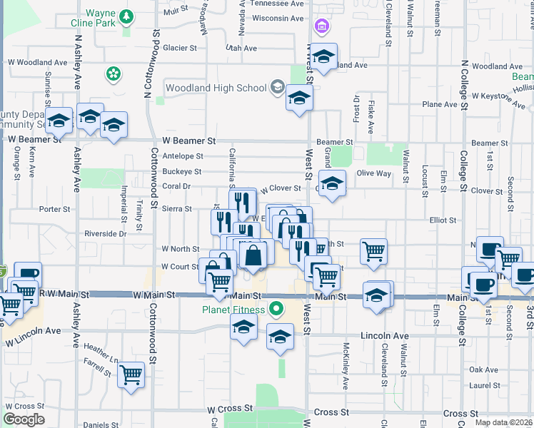 map of restaurants, bars, coffee shops, grocery stores, and more near 56 West Elliot Street in Woodland