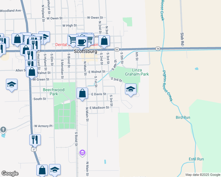 map of restaurants, bars, coffee shops, grocery stores, and more near 230 Harrison Street in Scottsburg