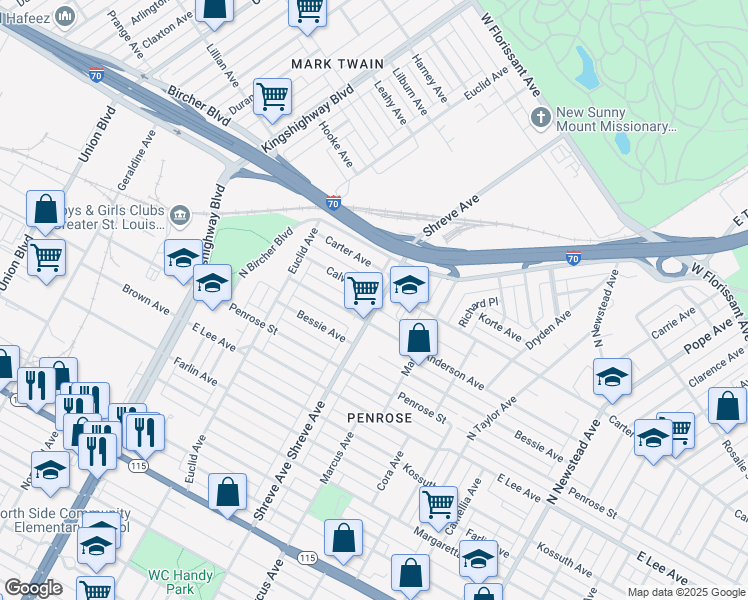 map of restaurants, bars, coffee shops, grocery stores, and more near 4349 Shreve Avenue in St. Louis
