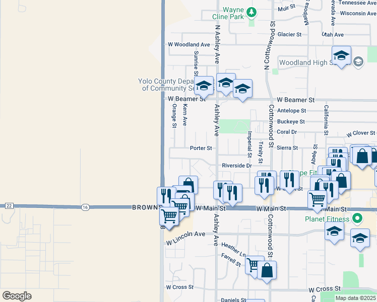 map of restaurants, bars, coffee shops, grocery stores, and more near 124 Marin Place in Woodland