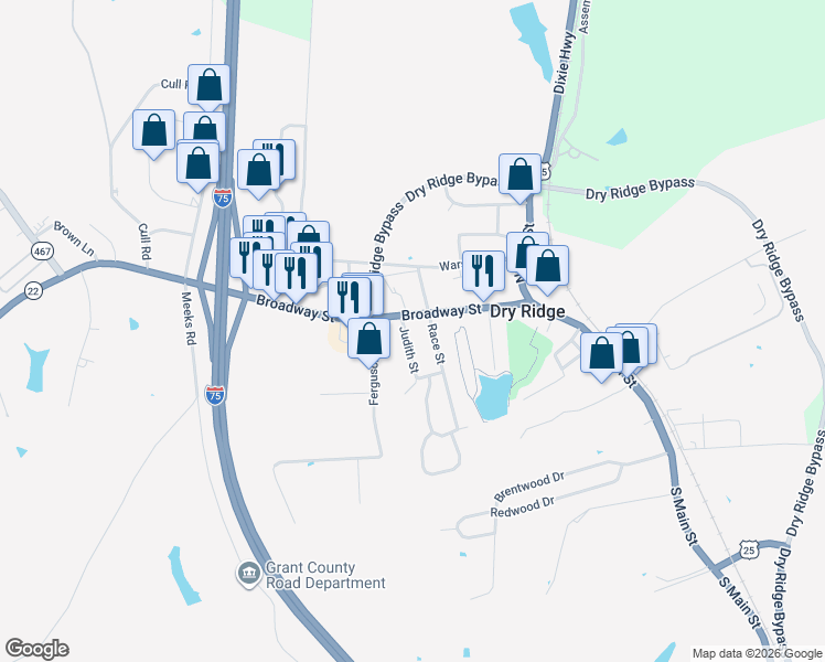 map of restaurants, bars, coffee shops, grocery stores, and more near 33 Broadway Street in Dry Ridge