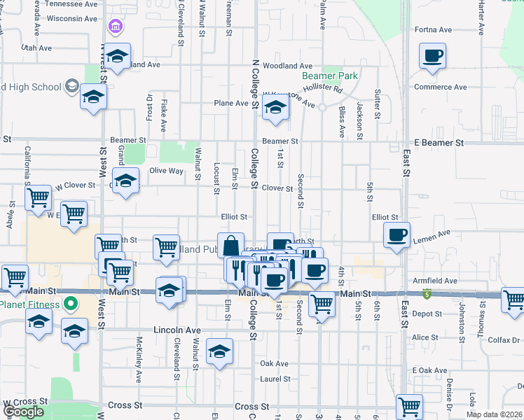 map of restaurants, bars, coffee shops, grocery stores, and more near 133 College Street in Woodland