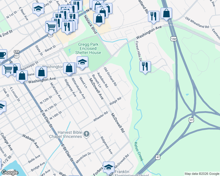 map of restaurants, bars, coffee shops, grocery stores, and more near 1411 Old Orchard Road in Vincennes