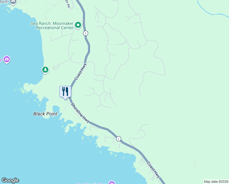 map of restaurants, bars, coffee shops, grocery stores, and more near 135 Larkspur Close in Sea Ranch