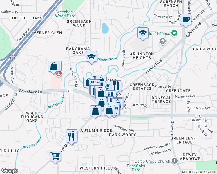 map of restaurants, bars, coffee shops, grocery stores, and more near 6219 Oak Valley Lane in Citrus Heights