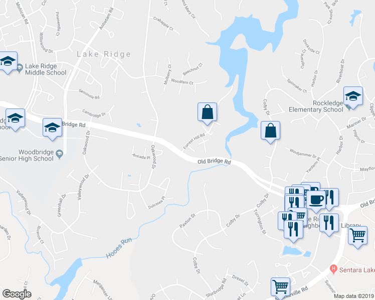 map of restaurants, bars, coffee shops, grocery stores, and more near 2592 Merrywood Court in Woodbridge