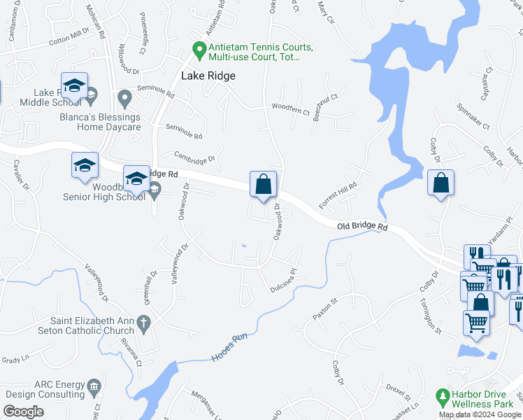 map of restaurants, bars, coffee shops, grocery stores, and more near 12544 Basque Place in Woodbridge