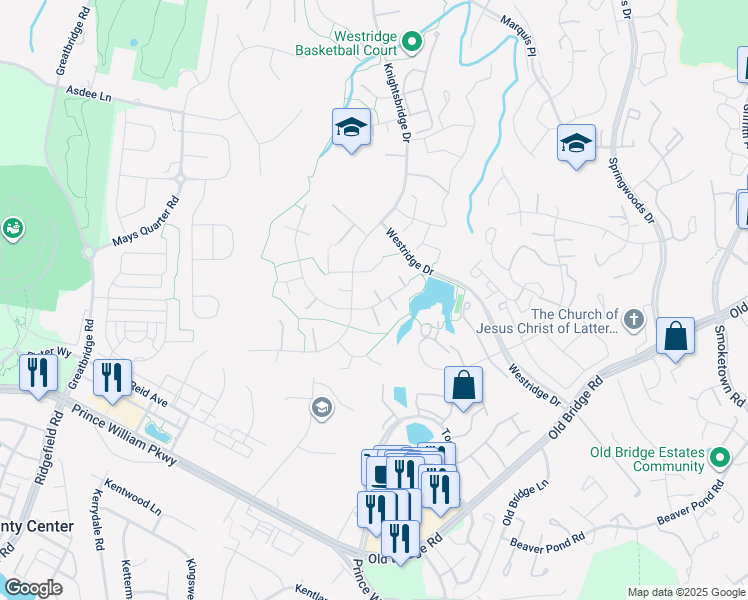 map of restaurants, bars, coffee shops, grocery stores, and more near 4282 Berwick Place in Woodbridge