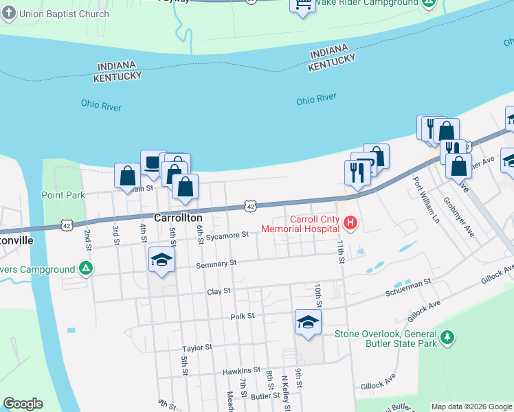 map of restaurants, bars, coffee shops, grocery stores, and more near U.S. 42 in Carrollton