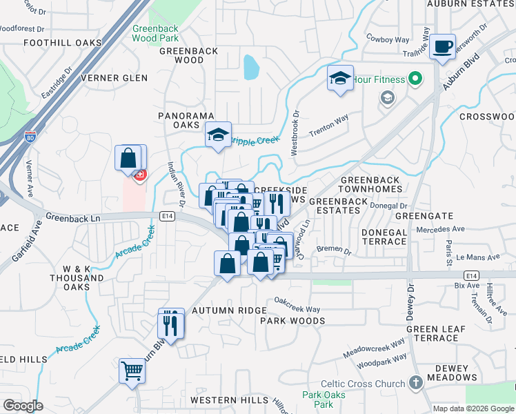 map of restaurants, bars, coffee shops, grocery stores, and more near 6335 Slippery Creek Lane in Citrus Heights