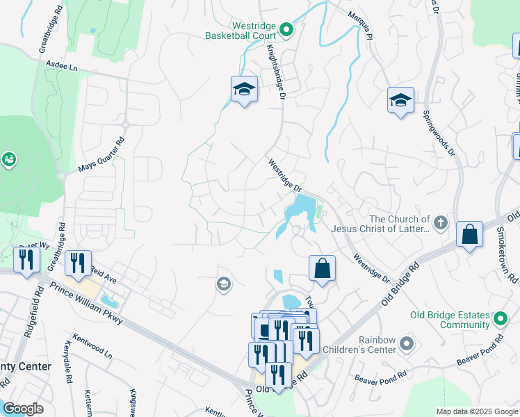 map of restaurants, bars, coffee shops, grocery stores, and more near 4282 Berwick Place in Woodbridge