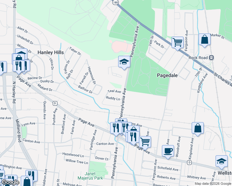 map of restaurants, bars, coffee shops, grocery stores, and more near 7227 Teal Avenue in St. Louis