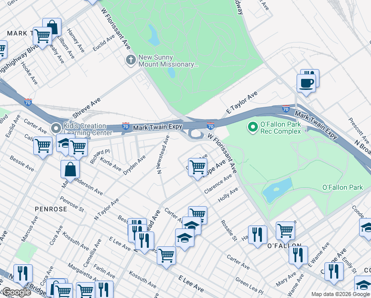 map of restaurants, bars, coffee shops, grocery stores, and more near 4651 Moraine Avenue in St. Louis