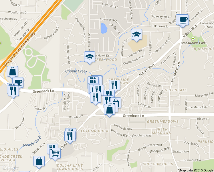 map of restaurants, bars, coffee shops, grocery stores, and more near 6219 Oak Valley Lane in Citrus Heights