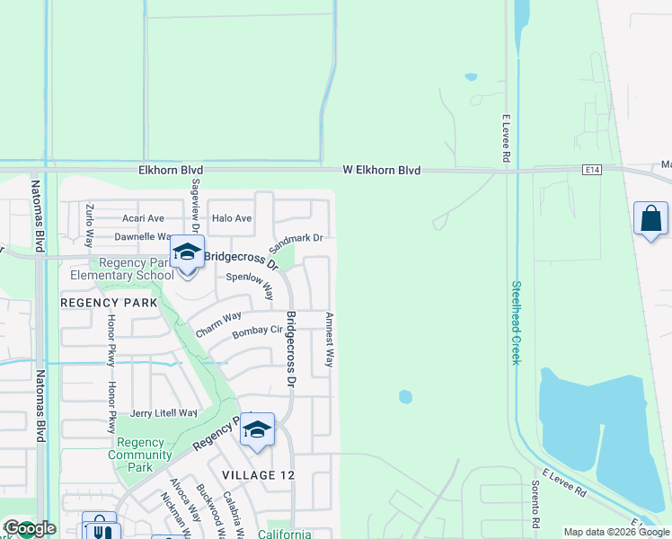 map of restaurants, bars, coffee shops, grocery stores, and more near 5824 Amnest Way in Sacramento