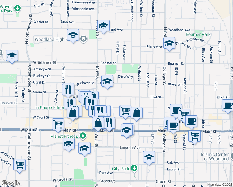 map of restaurants, bars, coffee shops, grocery stores, and more near 117 Elliot Street in Woodland