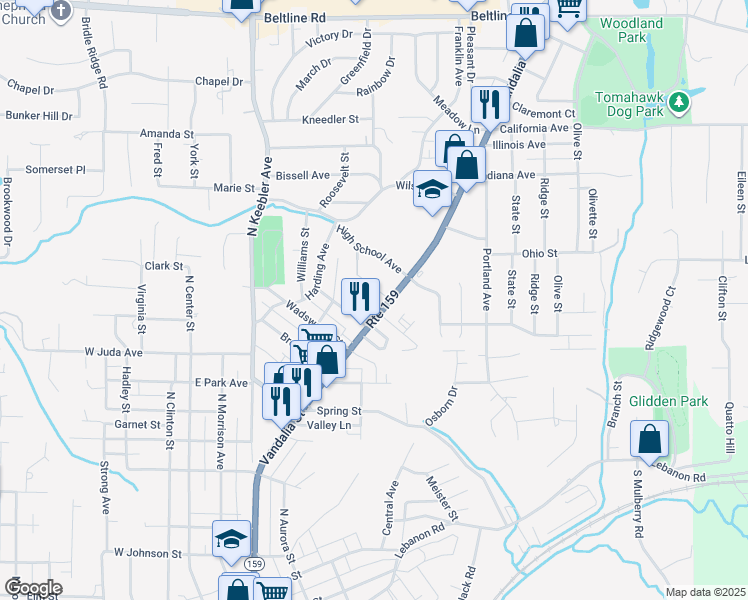 map of restaurants, bars, coffee shops, grocery stores, and more near 539 Mary Avenue in Collinsville