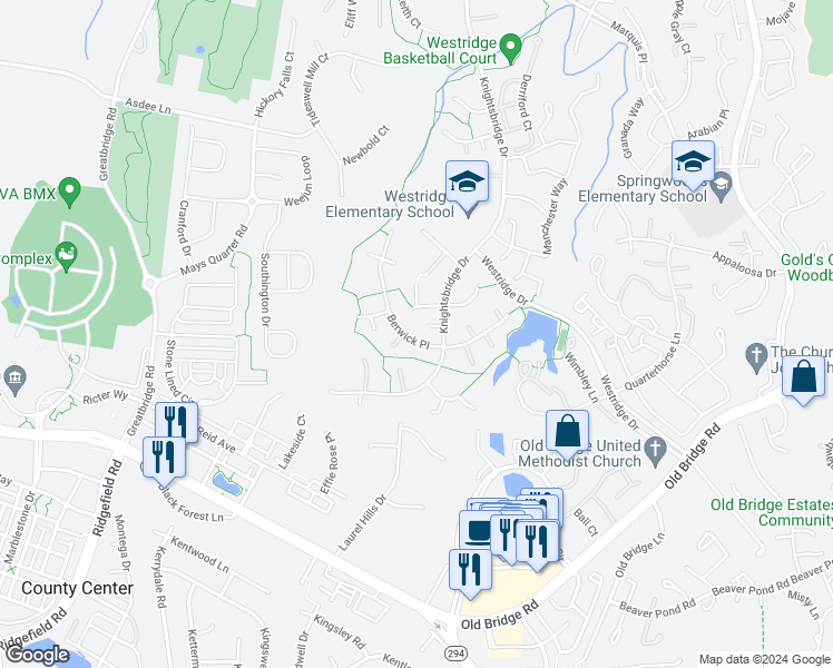 map of restaurants, bars, coffee shops, grocery stores, and more near 4312 Berwick Place in Woodbridge