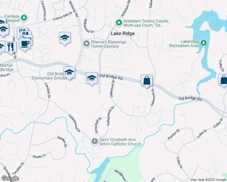 map of restaurants, bars, coffee shops, grocery stores, and more near 12517 Oakwood Drive in Woodbridge