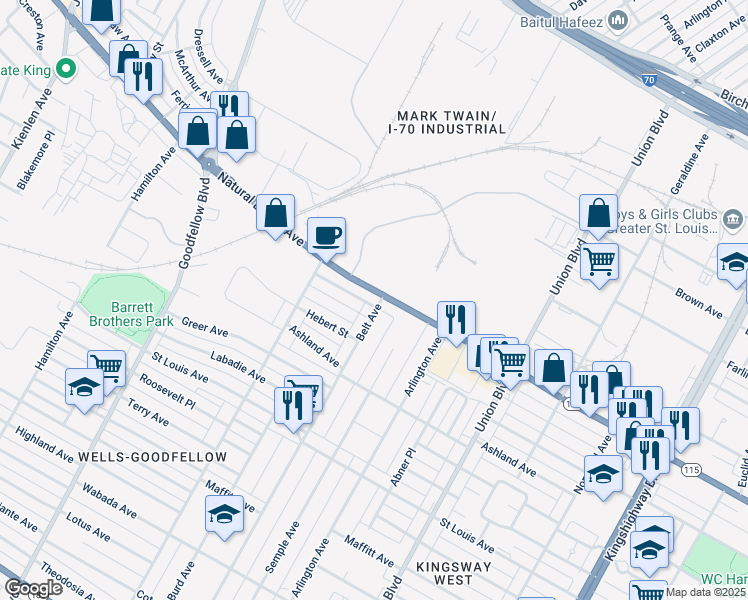 map of restaurants, bars, coffee shops, grocery stores, and more near 5504 Natural Bridge Avenue in St. Louis