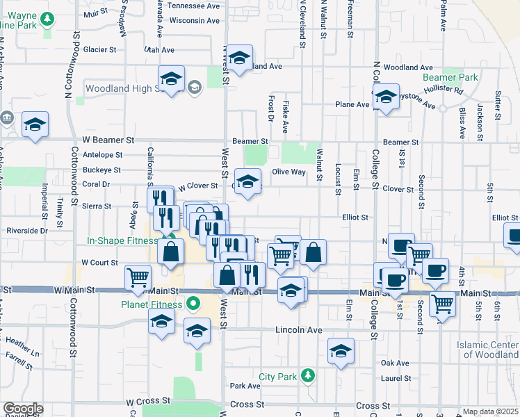map of restaurants, bars, coffee shops, grocery stores, and more near 117 Elliot Street in Woodland