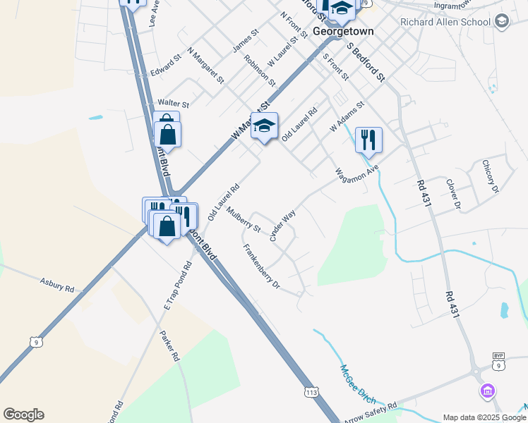 map of restaurants, bars, coffee shops, grocery stores, and more near 17 Bayberry Street in Georgetown