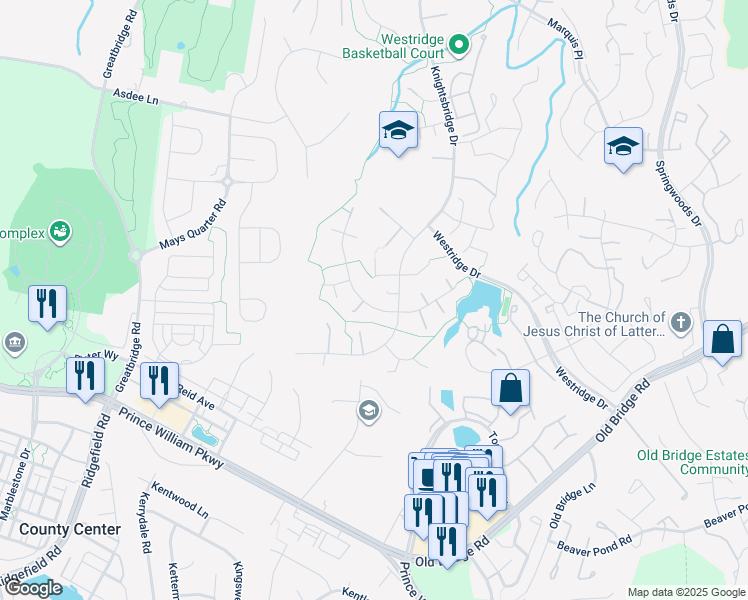 map of restaurants, bars, coffee shops, grocery stores, and more near 4312 Berwick Place in Woodbridge
