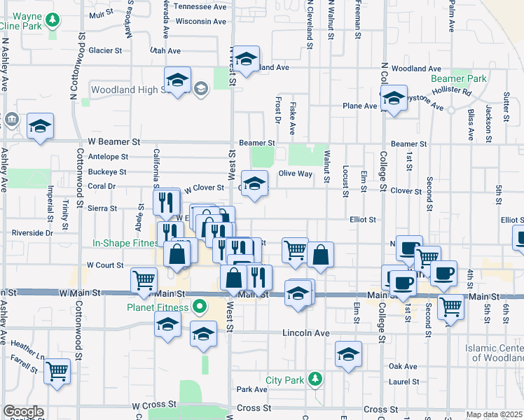 map of restaurants, bars, coffee shops, grocery stores, and more near 117 Elliot Street in Woodland