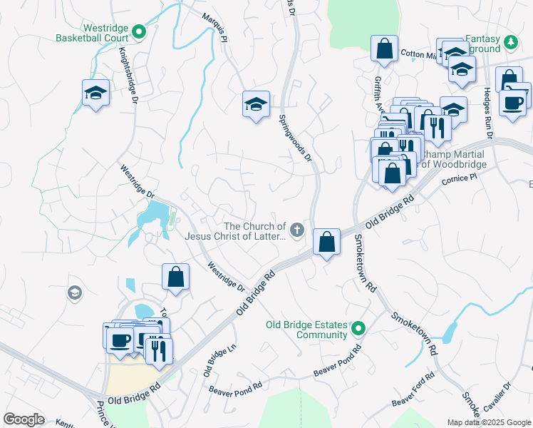 map of restaurants, bars, coffee shops, grocery stores, and more near 3815 Ogilvie Court in Woodbridge
