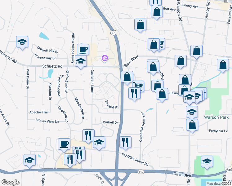 map of restaurants, bars, coffee shops, grocery stores, and more near 10304 Oxford Hill Drive in St. Louis