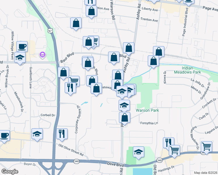 map of restaurants, bars, coffee shops, grocery stores, and more near Gateway Boulevard in St. Louis