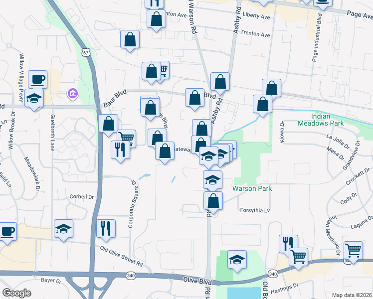 map of restaurants, bars, coffee shops, grocery stores, and more near Gateway Boulevard in St. Louis