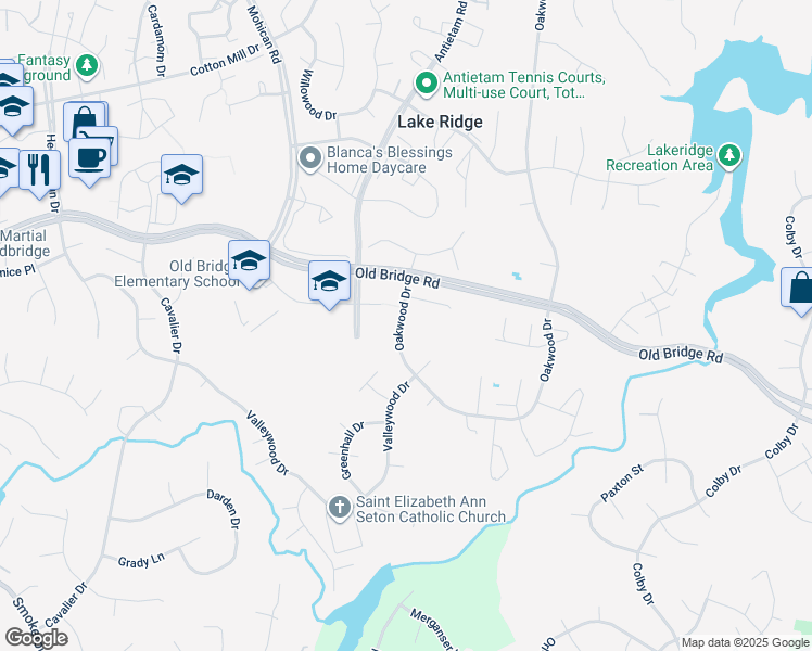 map of restaurants, bars, coffee shops, grocery stores, and more near 12517 Oakwood Drive in Woodbridge