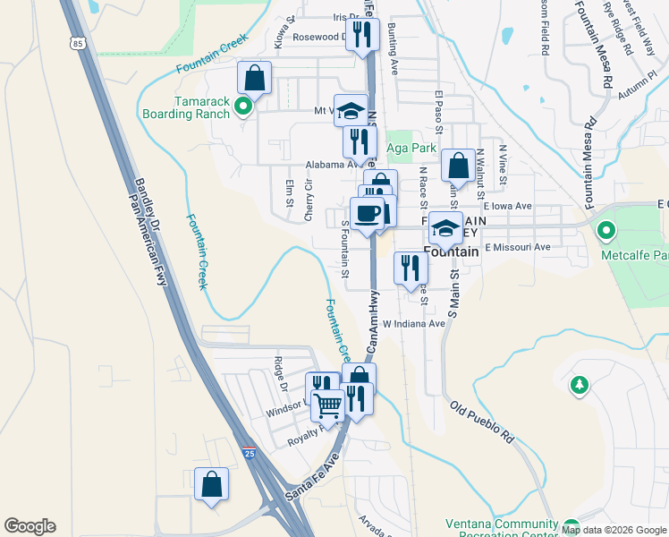 map of restaurants, bars, coffee shops, grocery stores, and more near 203 South Fountain Street in Fountain
