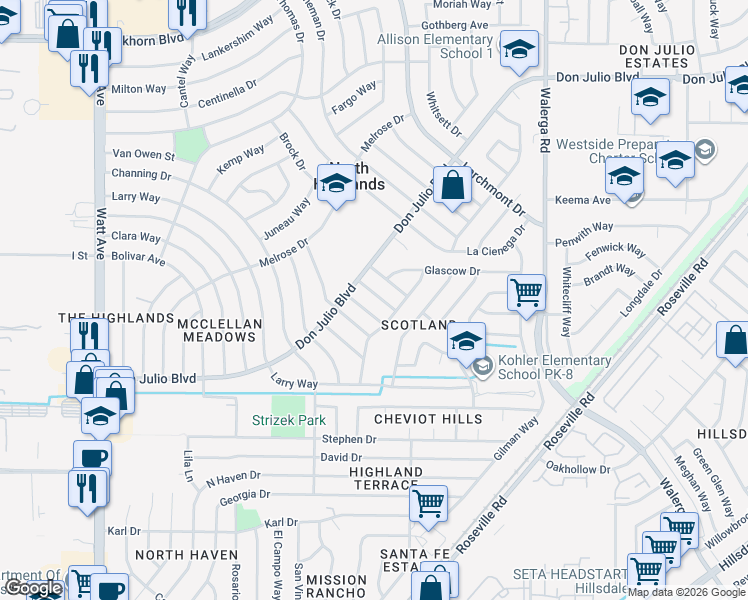 map of restaurants, bars, coffee shops, grocery stores, and more near 6220 Dewar Way in North Highlands