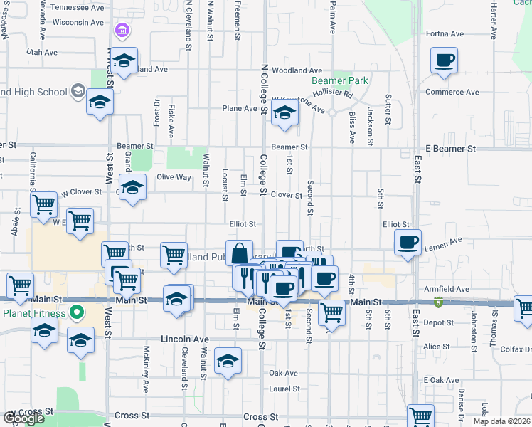 map of restaurants, bars, coffee shops, grocery stores, and more near 113 College Street in Woodland