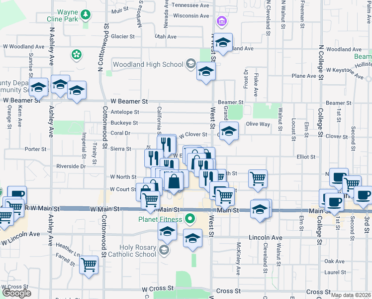 map of restaurants, bars, coffee shops, grocery stores, and more near 56 West Elliot Street in Woodland
